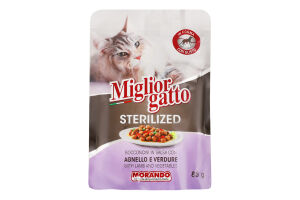 Корм д/стерилізованих котів Migliorgatto беззерновий шматочки ягня з овочами в соусі 85г пауч Morando