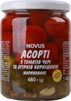 Ассорти маринованное из томатов черри и огурцов корнишонов пастеризованное Novus с/б 480г