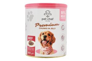 Корм д/дорослих собак Premium шматочки з яловичиною в желе 800г ж/б Pet Chef