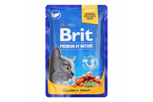 Корм влажный для взрослых котов Кусочки лосося и форели в соусе Premium Brit д/п 100г