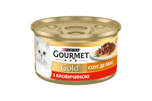 Корм консервированный полнорационный для взрослых котов с говядиной Соус де-люкс Gold Gourmet ж/б 85г