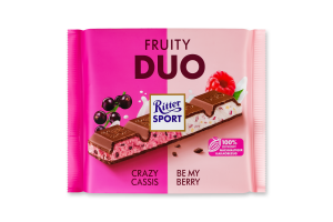 Шоколад молочный с начинкой с обезжиренным йогуртом и черной смородиной Fruity Duo Ritter Sport м/у 218г