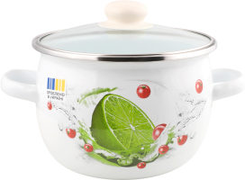 Каструля Лайм біла 3,5л емальована сферична з н/ж обідком та скляною кришкою І61913/2 Ідилія