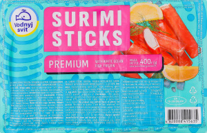 Продукт із сурімі заморожений з додаванням яєчного білка пастеризований Surimi sticks Premium Vodnyj svit в/у 400г
