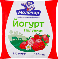 Йогурт 1% питний нежирний з фруктовим наповнювачем Полуниця Молочар м/у 400г