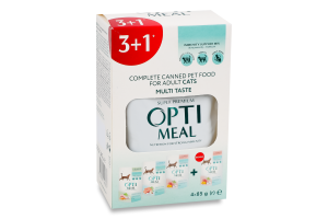 Корм консервований повнораціонний для дорослих котів Multi Taste Super Premium Optimeal к/у 4х85г