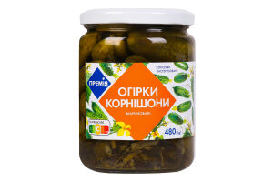 Огірки корнішони мариновані пастеризовані ТМ "Премія" 480 г