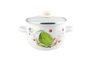 Каструля Лайм біла 3,5л емальована сферична з н/ж обідком та скляною кришкою І61913/2 Ідилія