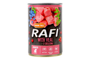 Корм полнорационный для щенков и молодых собак всех пород с телятиной Rafi ж/б 400г