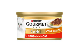 Корм консервированный полнорационный для взрослых котов с говядиной Соус де-люкс Gold Gourmet ж/б 85г