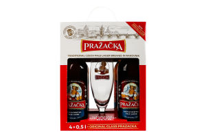 Набор подарочный Пиво 4х0.5л 4% светлое фильтрованное пастеризованное + бокал 0.3л Prazacka к/у