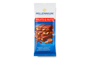 Шоколад Fruits&Nuts молочний з арахісом бісквітом курагою та мигдалем 90г Millennium