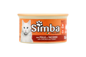 Корм консервований для дорослих котів та кішок Мус з курки та індички Simba з/б 85г