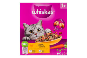 Корм сухой полнорационный для взрослых котов с курицей Whiskas к/у 800г