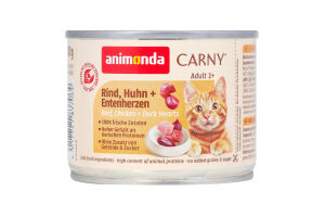 Корм д/котів з яловичиною куркою та качиними серцями 200г ж/б Карні