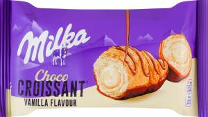 Круассан снизу глазированный и сверху декорированный молочным шоколадом с начинкой со вкусом ванили Milka м/у 50г