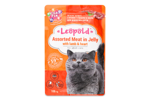 Корм д/котів Асорті м"ясне з ягням та серцем в желе 100г Леопольд