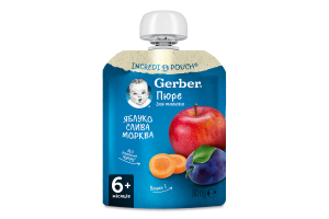 Пюре фруктово-овощное для детей от 6мес пастеризованное витаминизированное Яблоко-слива-морковь Gerber д/п 90г