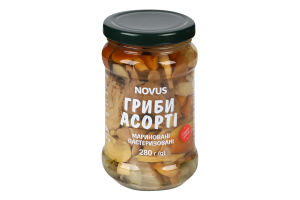 Грибы маринованные пастеризованные Ассорти Novus с/б 280г