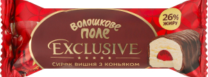 Сирок глазурований 26% солодкий з наповнювачем з ягідним пюре Вишня-коньяк Exclusive Волошкове поле м/у 36г