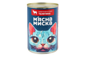Корм консервированный полнорационный для взрослых котов Телятина Кусочки в соусе М'ясна Миска ж/б 415г