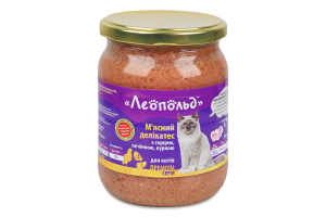 Корм консервированный для котов Мясной деликатес с сердцем, печенью, курицей Премиум Леопольд с/б 500г