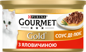 Корм консервированный полнорационный для взрослых котов с говядиной Соус де-люкс Gold Gourmet ж/б 85г