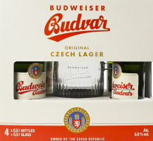 Набір Пиво 4х0.5л 5% світле фільтроване пастеризоване + келих 0.5л Budweiser Budvar к/у 1шт