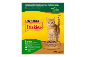Корм сухой полнорационный для взрослых котов с курицей, индейкой и овощами Indoor Friskies к/у 270г