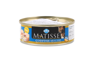 Корм консервований повнораціонний для дорослих котів З тріскою Matisse Farmina з/б 85г