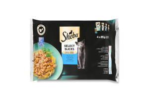 Набор кормов консервированных для взрослых котов с лососем, белой рыбой, треской в соусе Select slices Sheba м/у 4х85г