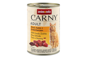 Корм д/котів з яловичою куркою та качиними серцями 400г ж/б Карні