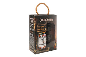 Набор Напиток алкогольный 1л 40% на основе карибского рома Black Spiced + 2 рюмки Captain Morgan 3шт
