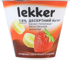 Йогурт 7.8% десертный с наполнителем Банан-клубника-бельгийский шоколад Lekker ст 180г