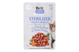 Корм вологий для стерилізованих котів Fillets in Jelly with Hearty Duck&Tender Tukey Sterilized Care Brit д/п 85г