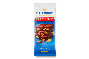 Шоколад Fruits&Nuts молочний з арахісом родзинками злаковими пластівцями та мигдалем 90г Millennium