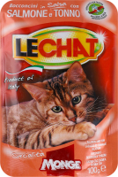 Корм влажный полнорационный для взрослых котов кусочки лосося и тунца LeChat Monge д/п 100г