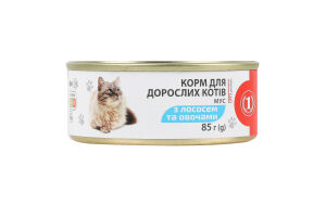 Корм консервований повнораціонний для дорослих котів Мус з лососем та овочами ТМ "1" з/б 85г