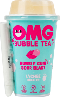 Напиток безалкогольный со вкусом кислой жвачки и шариками со вкусом личи OMG Bubble tea ст 265мл
