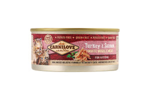 Корм д/кошенят з індичкою та лососем 100г ж/б Карнілав