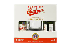 Набір Пиво 4х0.5л 5% світле фільтроване пастеризоване + келих 0.5л Budweiser Budvar к/у 1шт