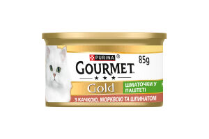 Корм консервований для дорослих котів з качкою, морквою та шпинатом Шматочки у паштеті Gold Gourmet з/б 85г