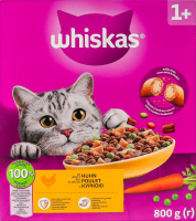 Корм сухой полнорационный для взрослых котов с курицей Whiskas к/у 800г