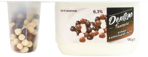 Йогурт 6.3% десертный 91г + шарики злаковые в шоколадной глазури 9г Fantasia Деліссімо ст 100г