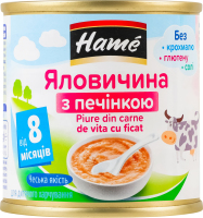 Пюре для детей от 8мес на мясной основе гомогенизированное стерилизованное Говядина с печенью Hame ж/б 100г