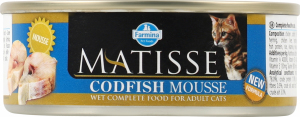 Корм консервований повнораціонний для дорослих котів З тріскою Matisse Farmina з/б 85г