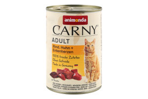 Корм д/котів з яловичою куркою та качиними серцями 400г ж/б Карні