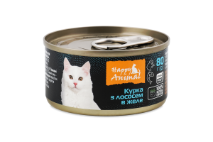 Корм консервированный для взрослых котов и котят полнорационный Курица с лососем в желе Happy Animal ж/б 80г