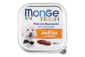 Корм консервований повнораціонний для дорослих собак з качкою Fresh Monge лоток 100г