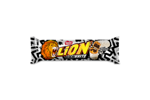 Батончик зі смаком брауні, м'якою карамеллю та пшеничними кріпсами вкритий білою глазур'ю Black&White Lion м/у 42г